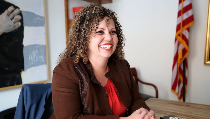 Utah 2nd District Rep. Celeste Maloy, R-Utah, answers interview questions at Roost Communications in Salt Lake City, on Thursday, Jan. 4, 2024. Sen. Mike Lee endorsed the Republican opponent of Maloy.