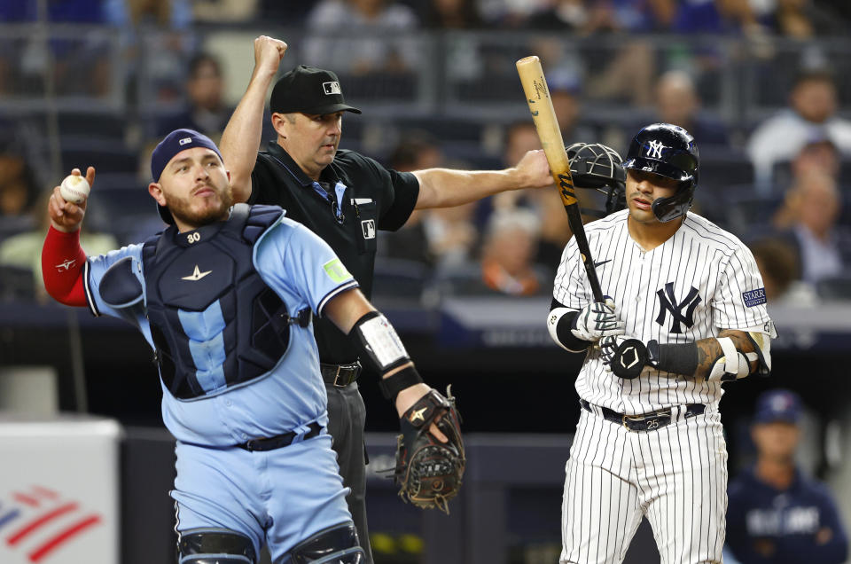 New York Yankees' Gleyber Torres reacts after grounding out to Toronto Blue Jays catcher Alejandro Kirk during the sixth inning of a baseball game Wednesday, Sept. 20, 2023, in New York. (AP Photo/Noah K. Murray)