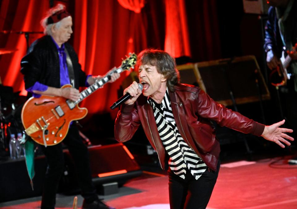 Mick Jagger, right, and Keith Richards of The Rolling Stones perform during a celebration for the release of their new album "Hackney Diamonds" on Thursday, Oct. 19, 2023, in New York.