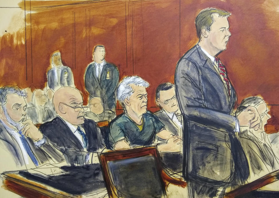 In this courtroom artist's sketch, defendant Jeffrey Epstein, center, listens as Assistant U.S. Attorney Alex Rossmiller, right, addresses the court during Epstein's arraignment, Monday, July 8, 2019 in New York. Epstein pleaded not guilty to federal sex trafficking charges. The 66-year-old is accused of creating and maintaining a network that allowed him to sexually exploit and abuse dozens of underage girls from 2002 to 2005. (Elizabeth Williams via AP)