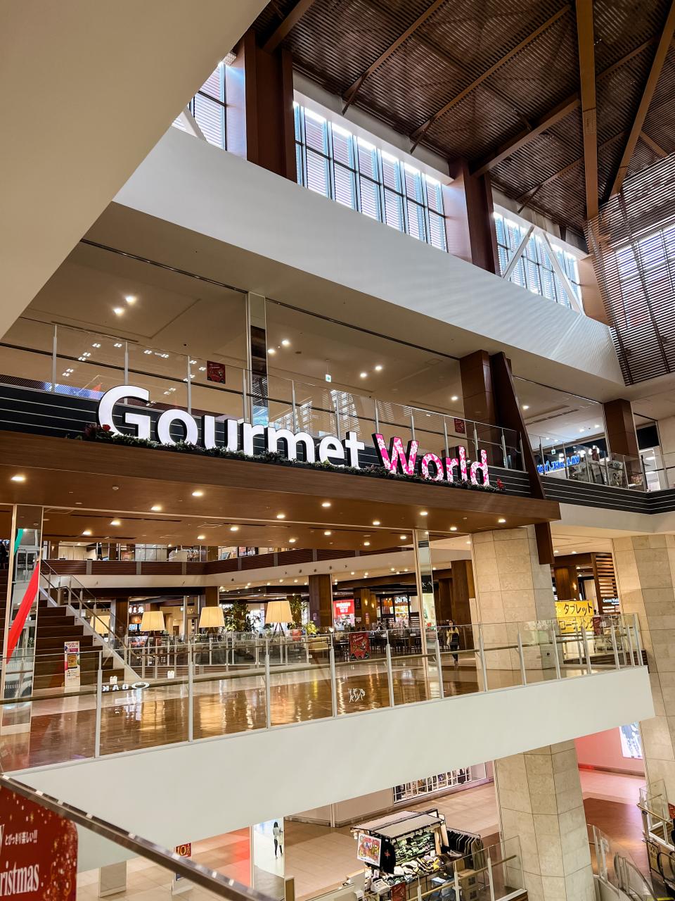food court in japanese mall with gourmet world sign on top
