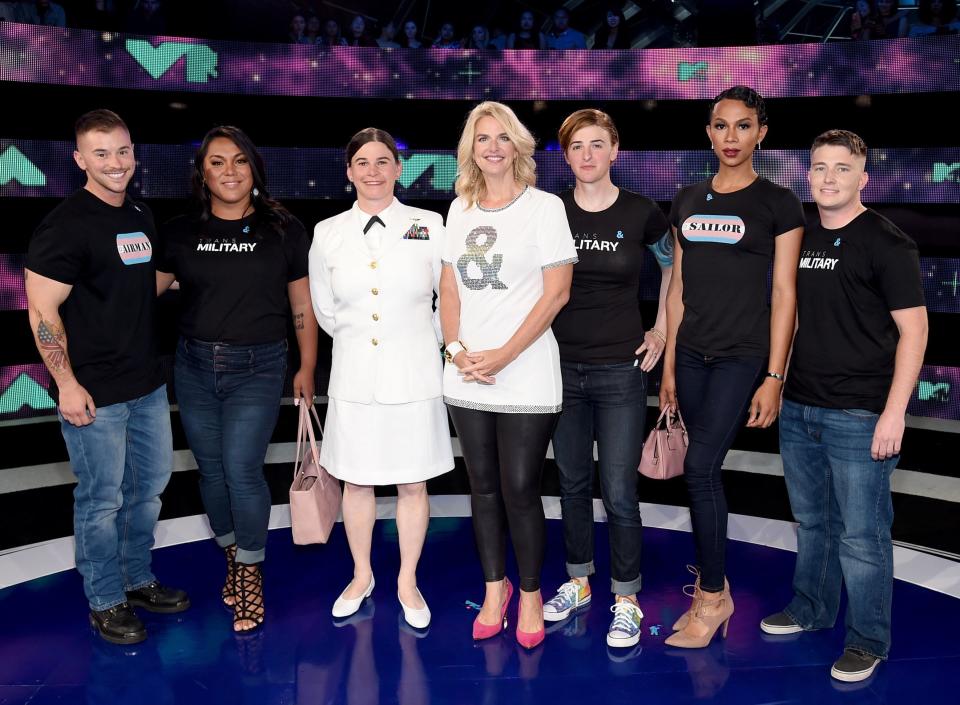 President of GLAAD Sarah Kate Ellis, center, with transgender members of the military at the VMAs: Sterling James Crutcher, Laila Ireland,&nbsp;Brynn Tannehill,&nbsp;Jennifer Peace,&nbsp;Akira Wyatt and&nbsp;Logan B. Ireland.