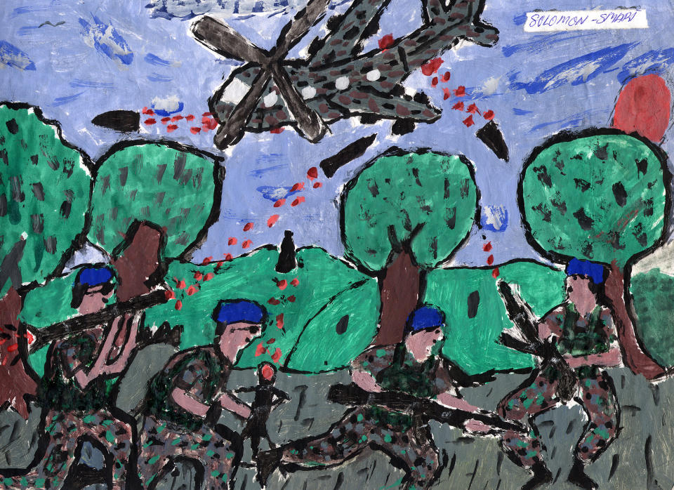 Sierra Leone suffered a civil war from 1991 to 2002. Children made up 50% of the rebel fighting force and a quarter of the government's forces. Former child soldiers were transferred to the IRC's care centers, where they drew images of their experiences.