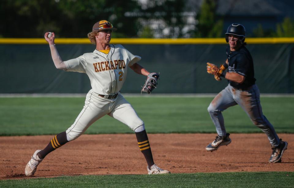 Cael McCarville, of Kickapoo, during Kickapoo's 10-8 win over Willard at Kickapoo High School on Wednesday, April 27, 2022.