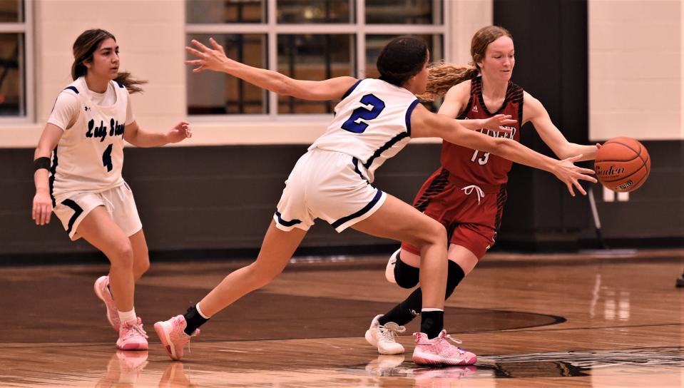 Ballinger's Skyla Hostetter, right, brings the ball up court as Wichita Falls City View's Kenedee Pennington (2) defends in the first half.