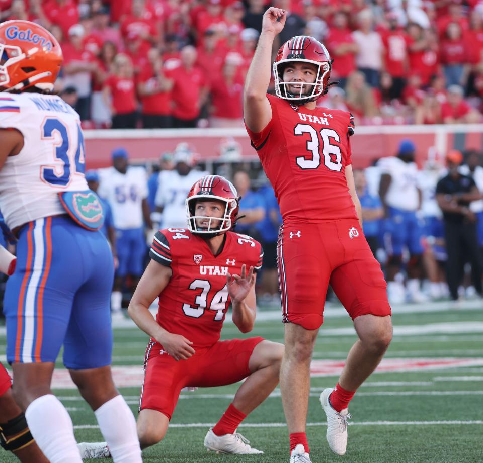 Utah Utes place kicker Cole Becker (36) makes an field goal in Salt Lake City on Thursday, Aug. 31, 2023 during the season opener. Utah won 24-11. | Jeffrey D. Allred, Deseret News