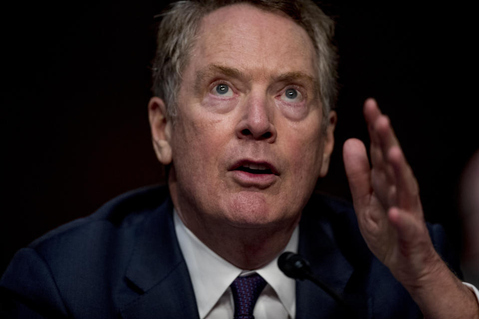 U.S. Trade Representative Robert Lighthizer speaks at a Senate Finance Committee hearing on U.S. trade on Capitol Hill, Wednesday, June 17, 2020, in Washington. (AP Photo/Andrew Harnik, Pool)