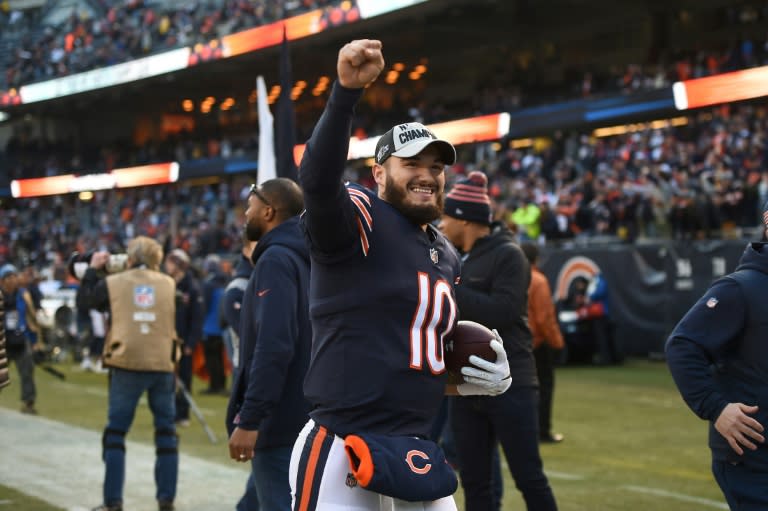 Chicago quarterback Mitchell Trubisky celebrates the Bears' 24-17 NFL victory over the Green Bay Packers that clinched the NFC North division title