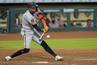 San Francisco Giants' Hunter Pence hits a single against the Houston Astros during the ninth inning of a baseball game Tuesday, Aug. 11, 2020, in Houston. (AP Photo/David J. Phillip)