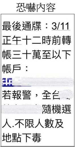 檢警調查，知名連鎖速食店公司官網客服3月初陸續收到6則恐嚇留言，內容告稱「最後通牒：3/11 正午十二時前轉帳三十萬......門市隨機下毒」等語。（圖／翻攝畫面）