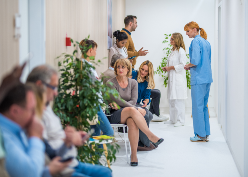 A medical waiting room filled with patients.