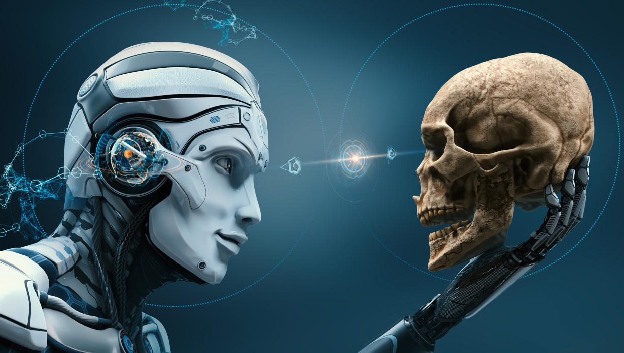  A humanoid android holding a human skull in its hand. 