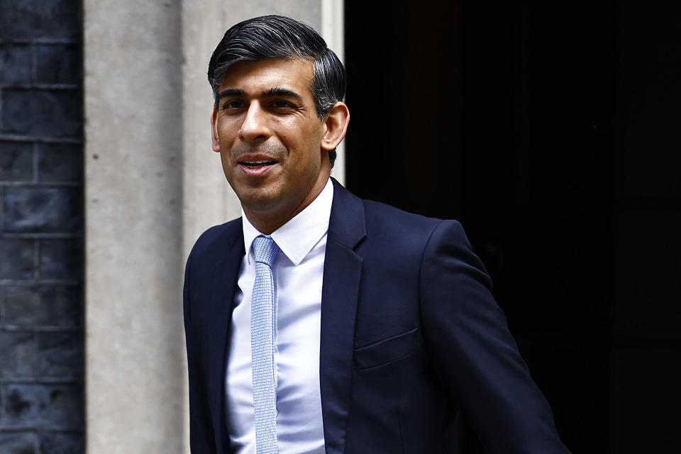 Britain's Prime Minister Rishi Sunak leaves 10 Downing Street in central London on May 15, 2024 to take part in the weekly session of Prime Minister's Questions (PMQs) in the House of Commons. (Photo by BENJAMIN CREMEL / AFP) (Photo by BENJAMIN CREMEL/AFP via Getty Images)