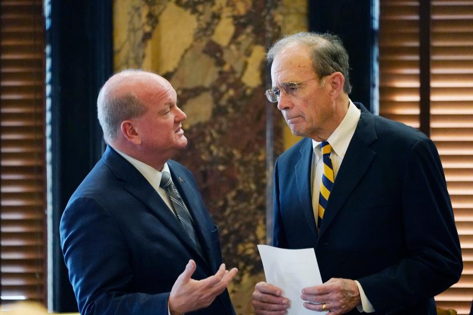 Lt. Gov. Delbert Hosemann, right, confers with Senate Judiciary A Committee Chairman Brice Wiggins, R-Pascagoula, during the morning session of the Mississippi Legislature in Jackson, Thursday, Jan. 19, 2023.