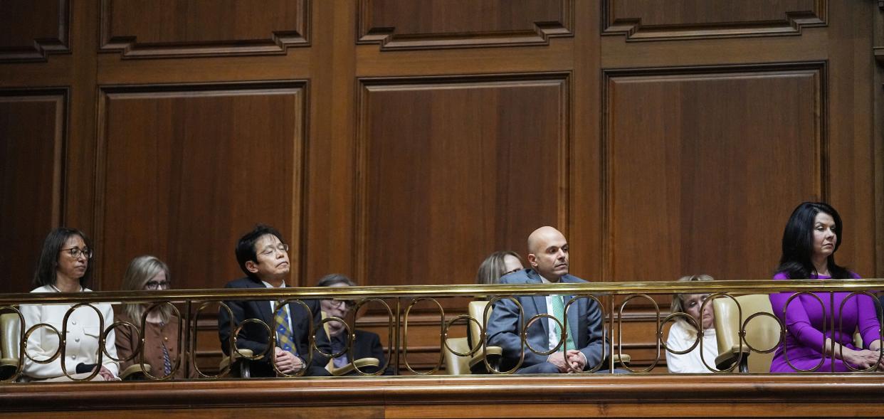 From left: Lilly Endowment President Jennett Hill, Consul General Jun Yanagi of Japan, Consul General Yinam Cohen of Israel, and First Lady Janet Holcomb sit and listen during the speech Tuesday, Jan. 9, 2024, during the State of the State address at the Indiana Statehouse in Indianapolis.