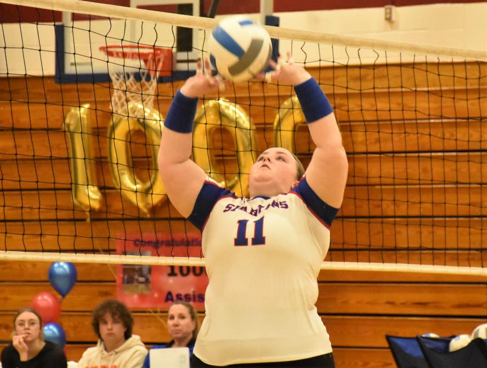 Alyssa O'Connor sets the ball for New Hartford Monday, Jan. 29, 2024, in front of balloons celebrating her 1,000th varsity assist earlier in the match against Camden in New Hartford, New York.