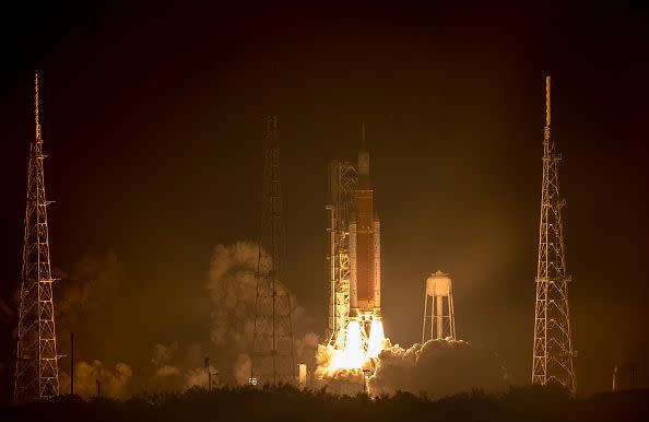 CAPE CANAVERAL, FLORIDA - NOVEMBER 16: NASA’s Artemis I Space Launch System (SLS) rocket, with the Orion capsule attached, launches at NASA's Kennedy Space Center on November 16, 2022 in Cape Canaveral, Florida. The Artemis I mission will send the uncrewed spacecraft around the moon to test the vehicle's propulsion, navigation and power systems as a precursor to later crewed mission to the lunar surface. (Photo by Kevin Dietsch/Getty Images)