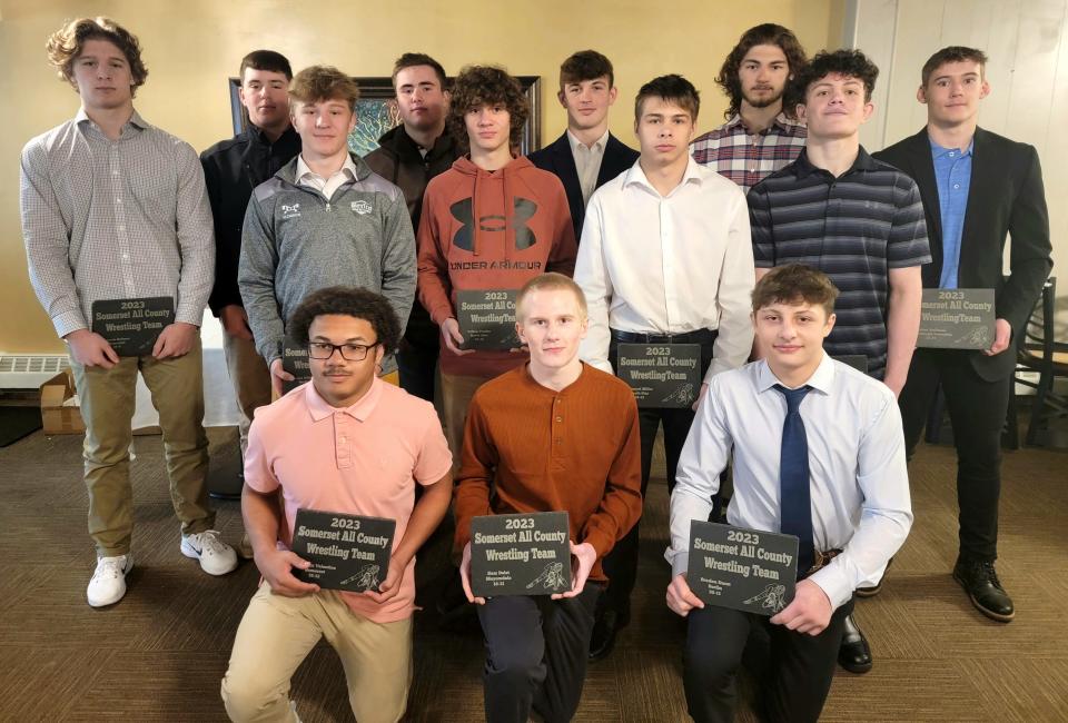 Members of the 2023 Somerset All-County Wrestling All-Stars are pictured, front row, from left, Somerset's Deshonn Valentine, Meyersdale's Sam Deist and Berlin Brothersvalley's Braden Durst, middle row, Berlin Brothersvalley's Landon Ulderich, North Star's Colton Frazier and Thanyal Miller, and Conemaugh Township's Tristen Hawkins, back row, Somerset's Rowan Holmes and Zane Hagans, Berlin Brothersvalley's Trace Hay and Grant Mathias, Conemaugh Township's Ryan Krassnoski and Colten Huffman, April 23, at the Oakhurt Grille & Event Center, in Somerset. Absent from the photo were Berlin Brothersvalley's Grant Fisher, Conemaugh Township's Ryan Thomas, and Somerset's Ali Akanan and Logan Baker.