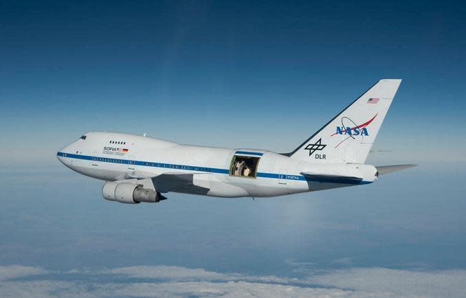 The Stratospheric Observatory for Infrared Astronomy, or SOFIA, airborne observatory, a joint project by NASA and the German space agency DLR. The Boeing 747SP aircraft carries a stabilized telescope with a 100-inch primary mirror and a suite of instruments tuned for infrared observations while flying above the thick lower atmosphere. / Credit: NASA