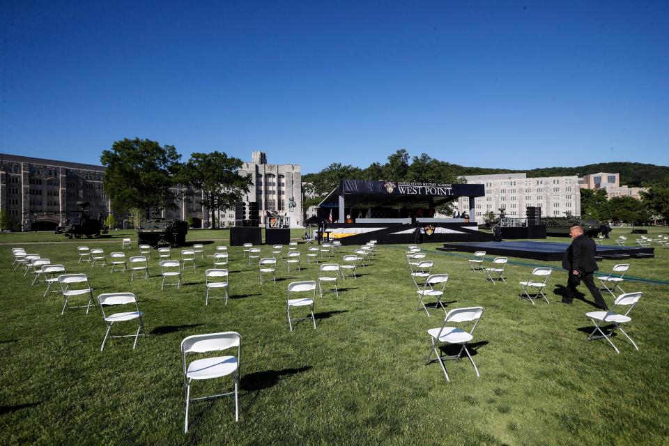 Seats for United States Military Academy graduating cadets are set up for social distancing before commencement ceremonies began on Saturday.