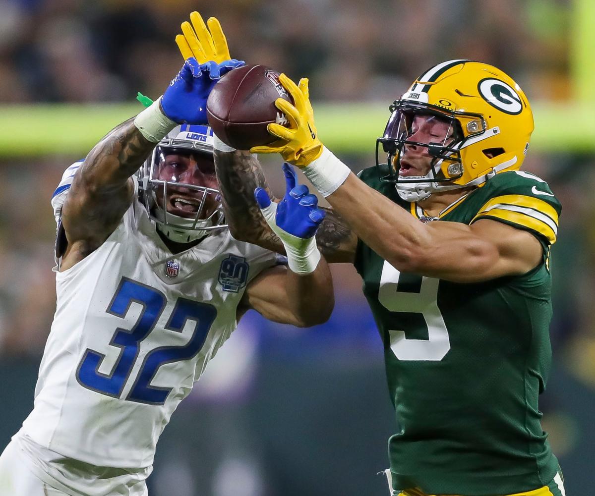 Detroit Lions cornerback Jerry Jacobs' second interception of game vs.  Green Bay Packers quarterback Jordan Love comes in red zone