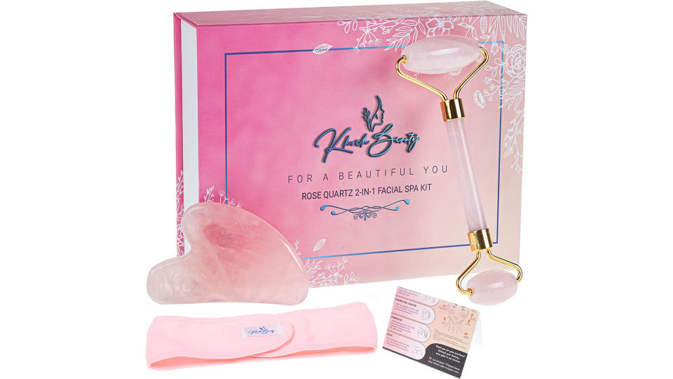 Natural Rose Quartz Roller and Gua Sha, KKOCH BEAUTY Facial Beauty Tool – Skin Care for Face, Neck, Eyes. Face & Body Tension Relaxing. Reduce Fine Lines, Wrinkles & Double Chin, Bonus-Spa Hairband. (Photo: Amazon SG)