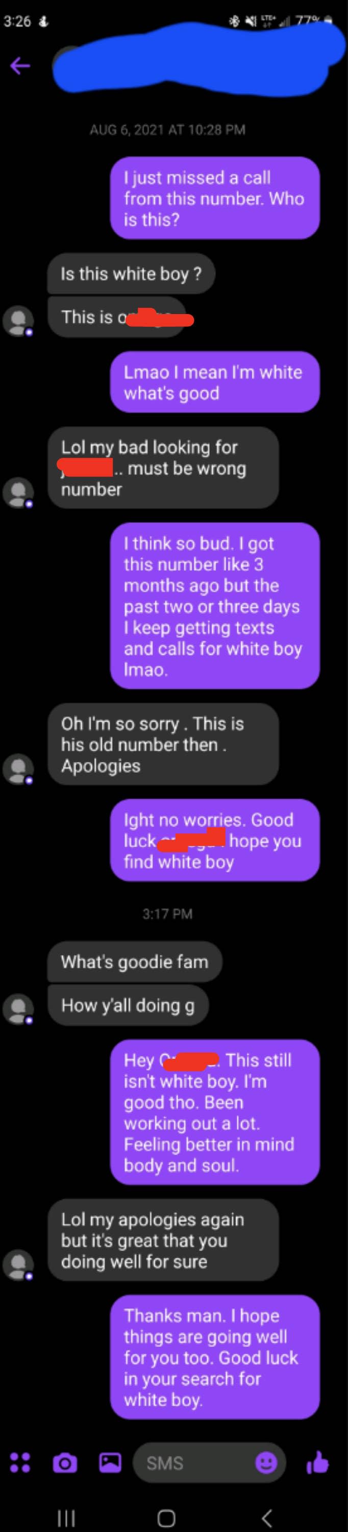 Person who got a new phone number keeps getting texts looking for "white boy"