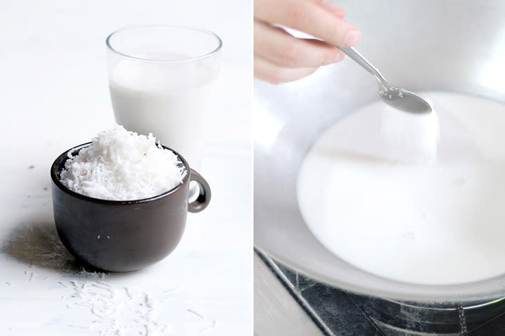 Add sugar and salt to the coconut cream to heighten its flavour.