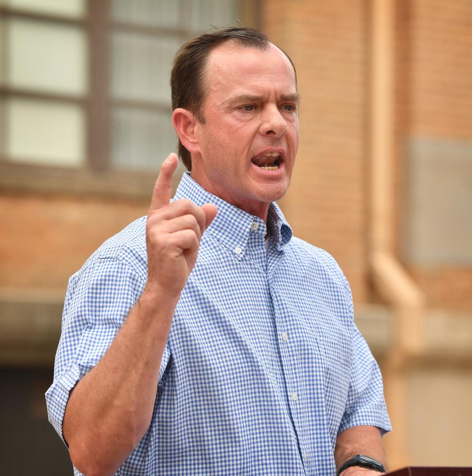 Local businessman Mark Hood announced his cadidacy for the At-Large position on the Wichita Falls ISD Board of Trustees Tuesday afternoon from the steps of the administration building.