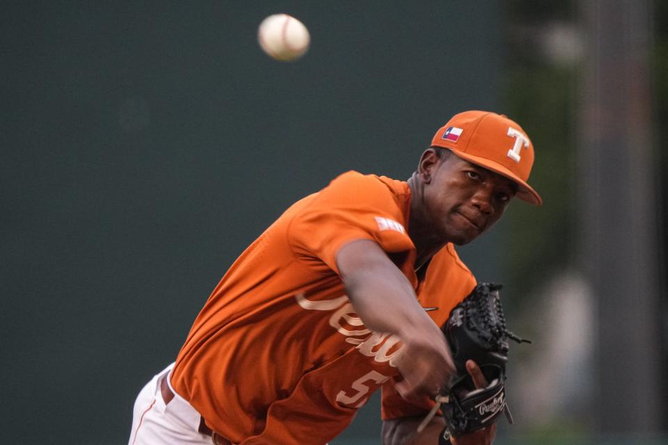 Texas pitcher Lebarron Johnson Jr., shown in a late regular-season game, was masterful in Saturday night's 4-1 win over Miami at the Coral Gables Regional. Johnson pitched a complete game — Texas' first postseason complete game since 2014 — and improved to 2-0 in the regional.