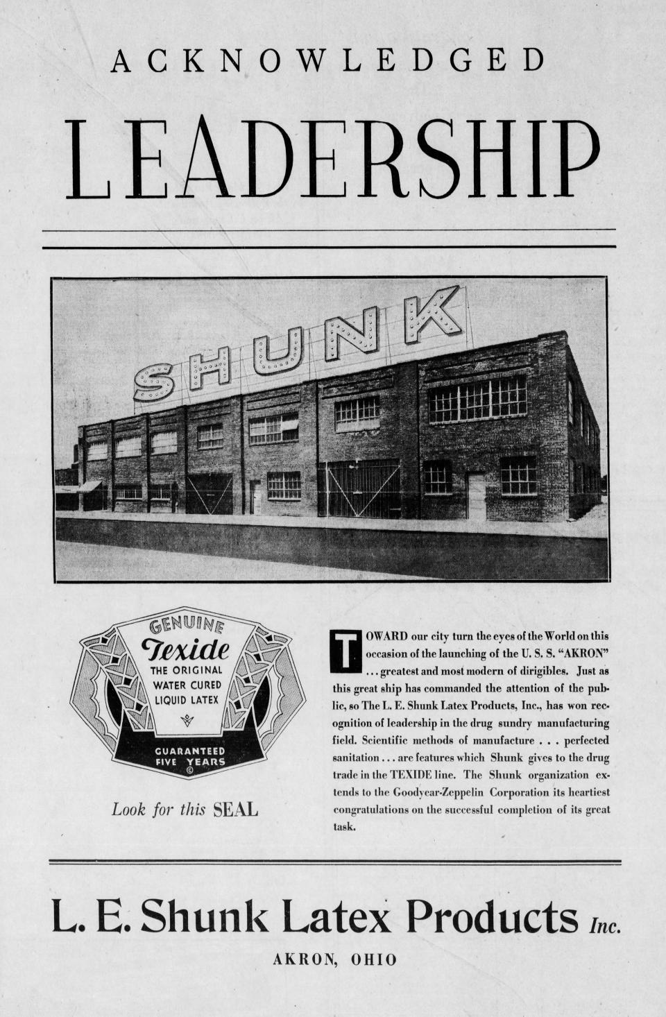 L.E. Shunk Latex Products touts its Morgan Avenue factory in a 1931 advertisement in the Beacon Journal. Three additions were built that year as business boomed.