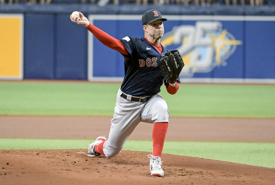 Boston Red Sox starter Corey Kluber pitches against the Tampa Bay Rays during the first inning of a baseball game Thursday, April 13, 2023, in St. Petersburg, Fla. (AP Photo/Steve Nesius)