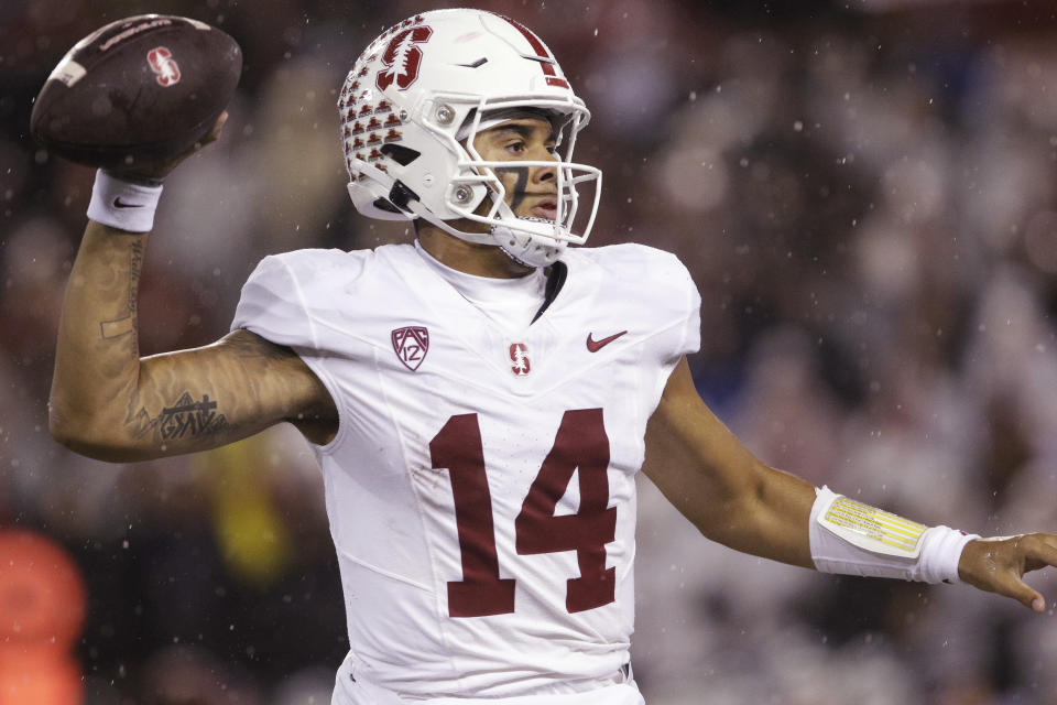 Stanford quarterback Ashton Daniels throws a pass during the first half of the team's NCAA college football game against Washington State, Saturday, Nov. 4, 2023, in Pullman, Wash. (AP Photo/Young Kwak)