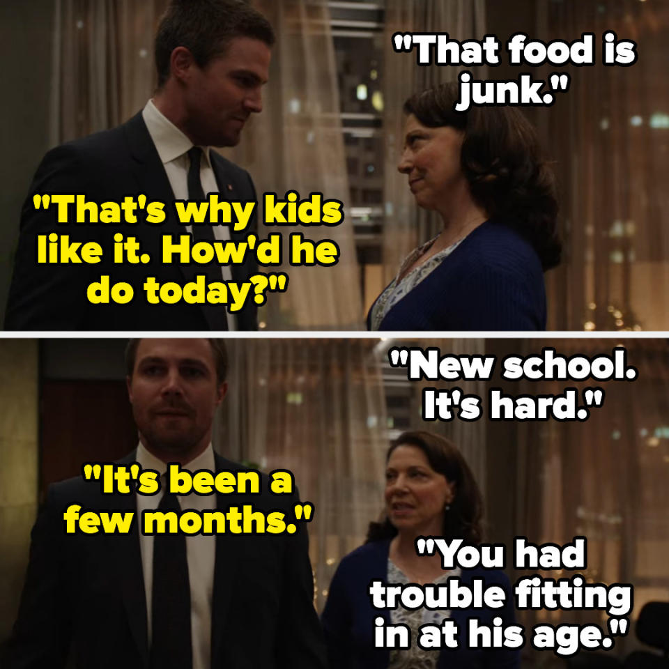 Raisa tells Oliver the food he brought is junk, but oliver says it's what kids like. he asks how william's been doing, and raisa says the new school is hard, and oliver says it's been months. raisa says "you had trouble fitting in at his age"