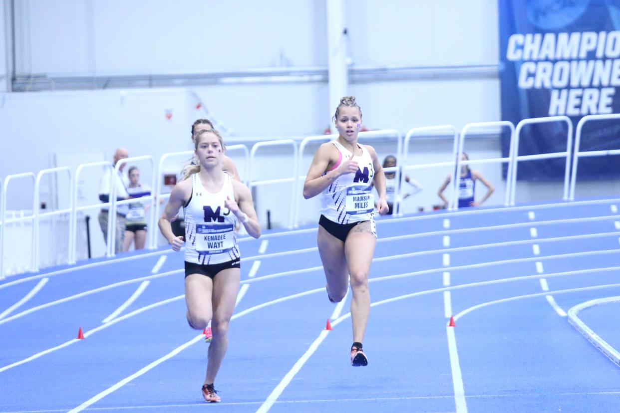 Mount Union's Kenadee Wayt (left) competes at this year's NCAA Division III Indoor Track and Field Championships.