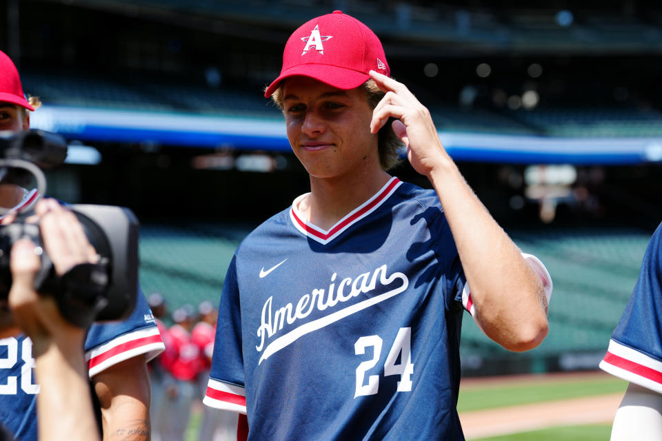 SEATTLE, WA - JULY 07:  Bryce Rainer #24 of the American League Team looks on during player introductions prior to the MLB-USA Baseball High School All-American Game at T-Mobile Park on Friday, July 7, 2023 in Seattle, Washington. (Photo by Mary DeCicco/MLB Photos via Getty Images)