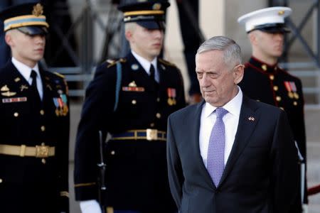 U.S. Defense Secretary James Mattis waits to welcome Canada's Minister of National Defense Harjit Sajjan at the Pentagon in Washington, U.S., February 6, 2017. REUTERS/Yuri Gripas