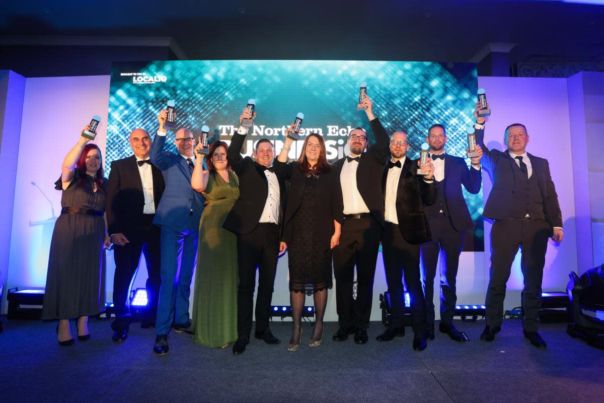 Our BUSINESSiQ Awards 2024 winners on stage together at Ramside Hall. <i>(Image: CHRIS BOOTH)</i>