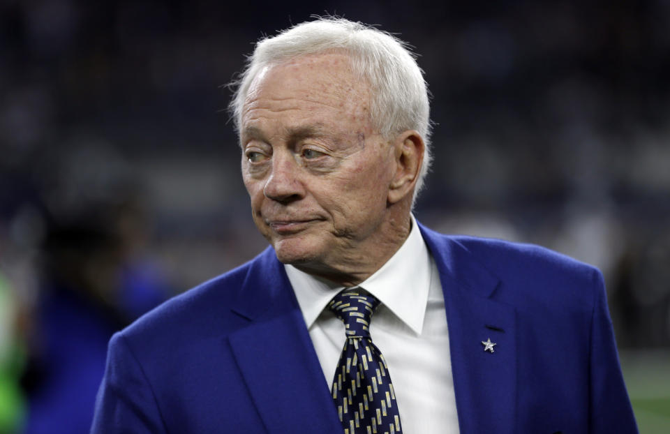 Cowboys owner Jerry Jones was questioned by Colin Kaepernick's legal team on Thursday. (AP) 