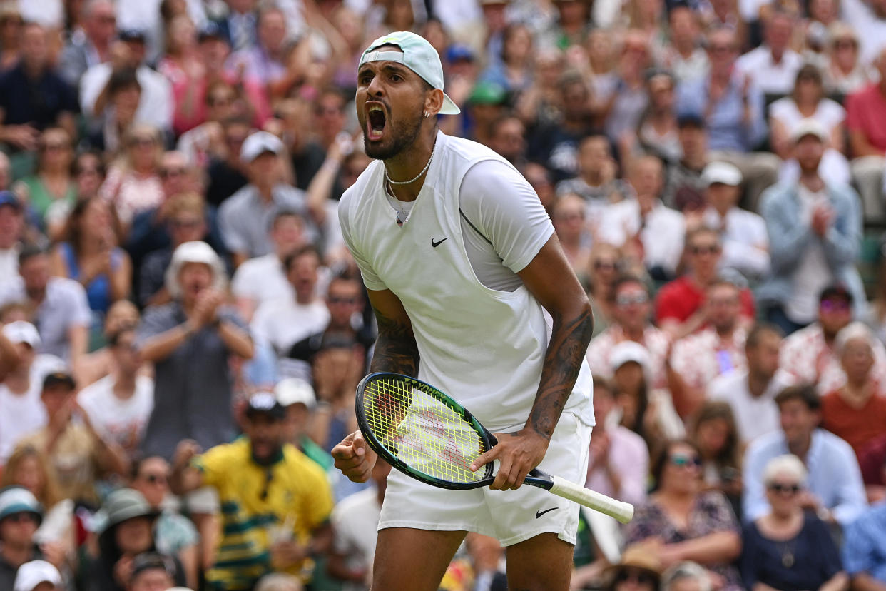 Nick Kyrgios is back in the Wimbledon quarterfinals for the first time since 2014. (Photo by Shaun Botterill/Getty Images)