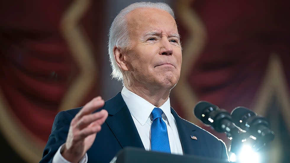 President Joe Biden gives remarks in Statuary Hall of the U.S Capitol in Washington, D.C., on Thursday, January 6, 2022 to mark the year anniversary of the attack on the Capitol.