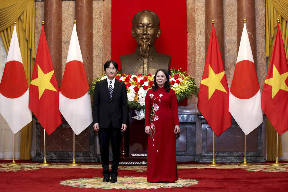 Japanese Crown Prince Akishino, left, and Vietnam's Vice President Vo Thi Anh Xuan pose for a photo at the Presidential Palace in Hanoi, Vietnam Thursday, Sept. 21, 2023. (AP Photo/Minh Hoang)