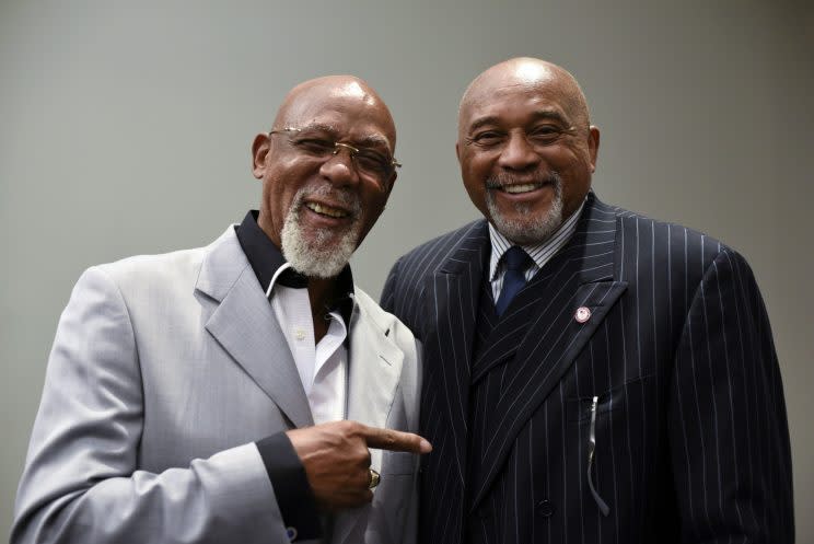 Tommie Smith, right, and John Carlos pose for a picture in September (AP)