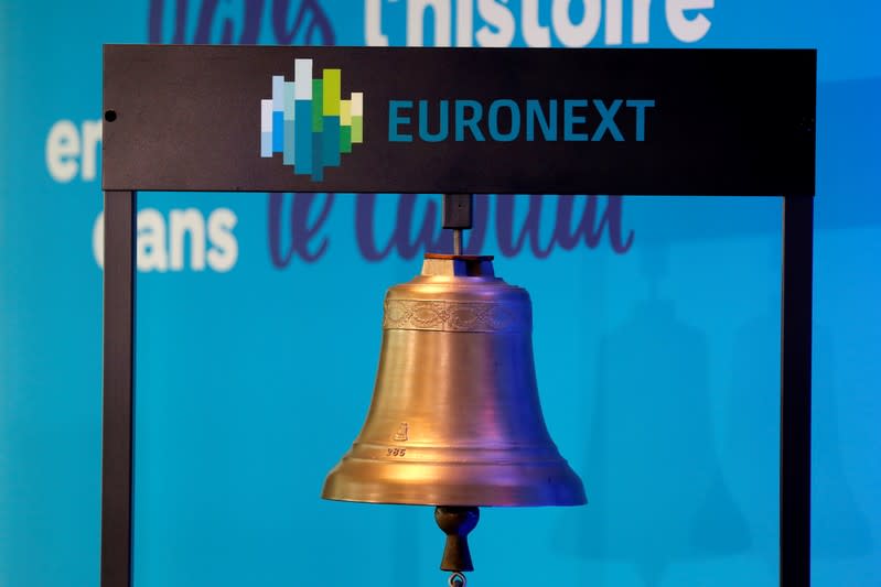 A bell is seen at the Euronext headquarters at La Defense business and financial district in Courbevoie near Paris