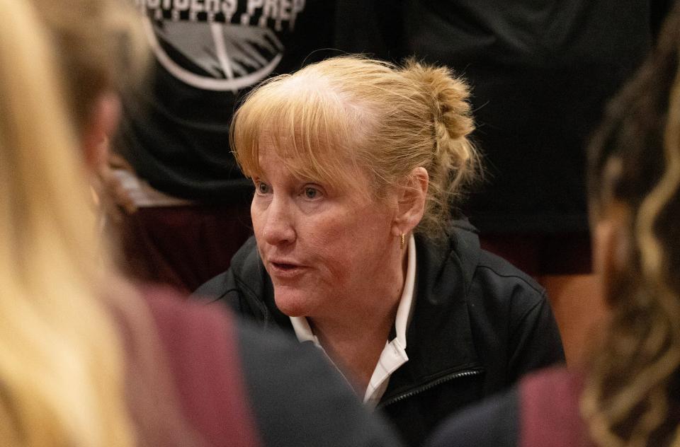 Rutgers Prep’s Mary Coyle Klinger coaches during time out. Prep Girls Basketball vs. St. Rose in NJSIAA Non-Public Sectional finals at Jackson Liberty High School in Jackson NJ on March 4, 2024.