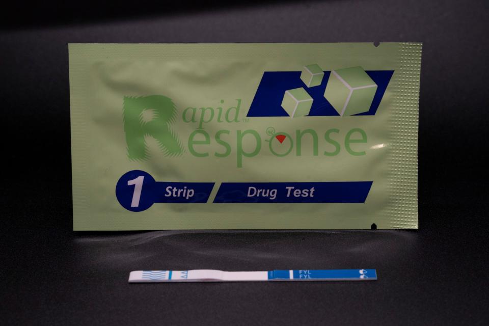 A fentanyl test strip helps users test for the presence of fentanyl in their drugs. Harm reduction kits show the thoughtfulness in helping addicts reduce the risk of infection and even death. ACCESS, a none profit organization in Sterling Heights regularly hand these kits out on the streets The kits were photographed on Wednesday, Nov. 8, 2023.