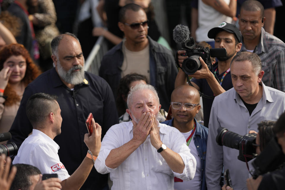 Brazil's former President Luiz Inacio Lula da Silva, who is running for reelection, blows kisses to supporters during a campaign rally outside the Volkswagen automaker´s plant in Sao Bernardo do Campo, greater Sao Paulo area, Brazil, Tuesday, Aug. 16, 2022. Brazil's general elections are scheduled for Oct. 2, 2022. (AP Photo/Andre Penner)