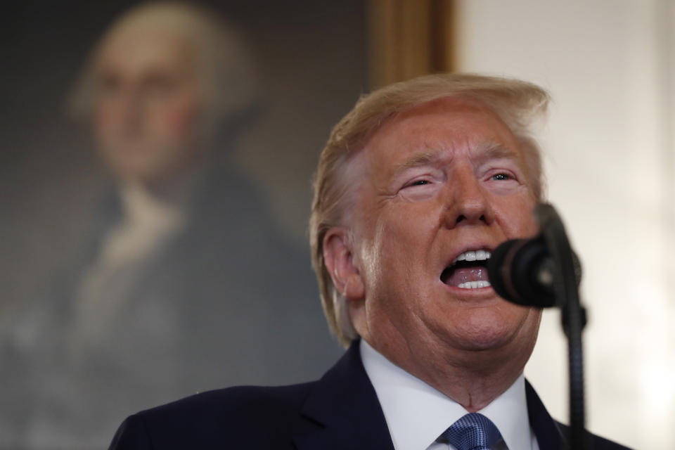 President Donald Trump speaks, Wednesday, Oct. 23, 2019, in the Diplomatic Room of the White House in Washington. (AP Photo/Jacquelyn Martin)