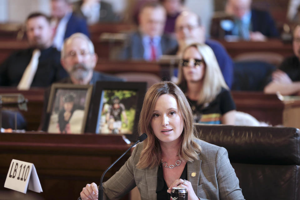 In this Jan. 25, 2019 photo, Neb. State Sen. Anna Wishart of Lincoln testifies during a legislative hearing in Lincoln, Neb., on LB 110, a bill that proposes to legalize medical marijuana in Nebraska. Nebraska's conservative lawmakers are poised to once again reject measures calling for allowing limited and highly regulated use of medical marijuana, but their decision this year could have the unintended consequence of ushering in one of the most unrestricted medical marijuana laws in the country. (AP Photo/Nati Harnik)
