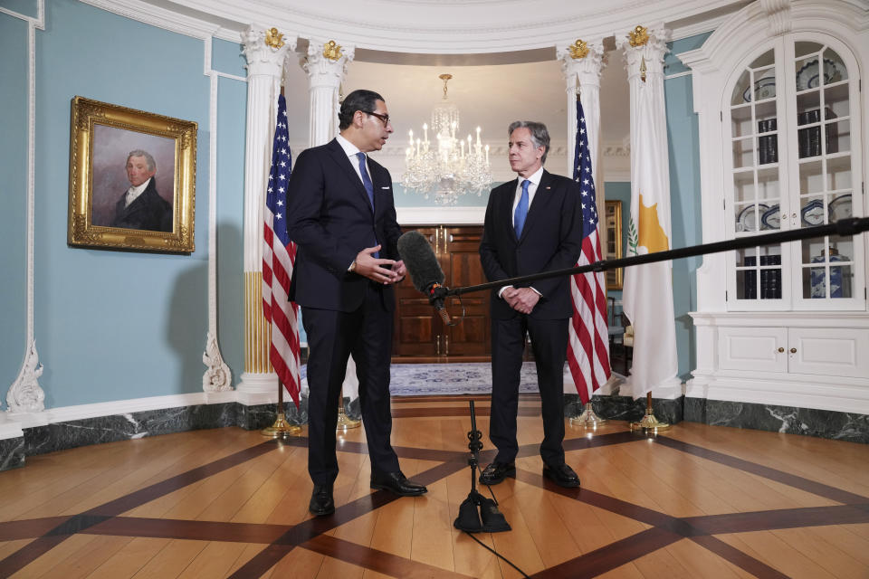 Secretary of State Antony Blinken, right, meets with Cyprus' Foreign Minister Constantinos Kombos, Monday, June 17, 2024, at the State Department in Washington. (AP Photo/Jacquelyn Martin)